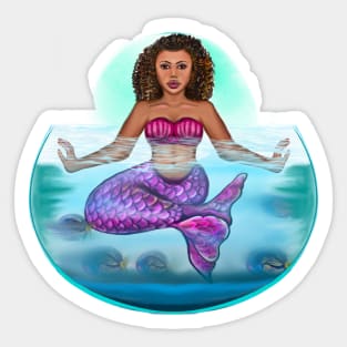 Mermaid pose underwater Cute  mermaid siting cross legged, brown eyes, Curly hair  and caramel brown skin - light background Sticker